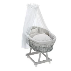 Alvi Birthe Stubenwagen Silbergrau Komplettset Matratze, Himmelstange Und Garnitur Aqua Dot