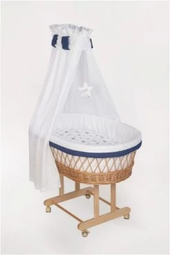 Mionido Stubenwagen Maxi Natur Pyjamabär Blau Mit Garnierung, Matratze Und Matratzenbezug