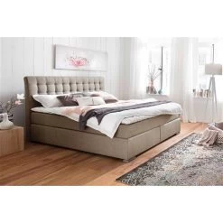 Meise Lenno Boxspringbett 200 X 200 Cm Beige Stoff Kopfteil Gesteppt & Gratis Lieferung